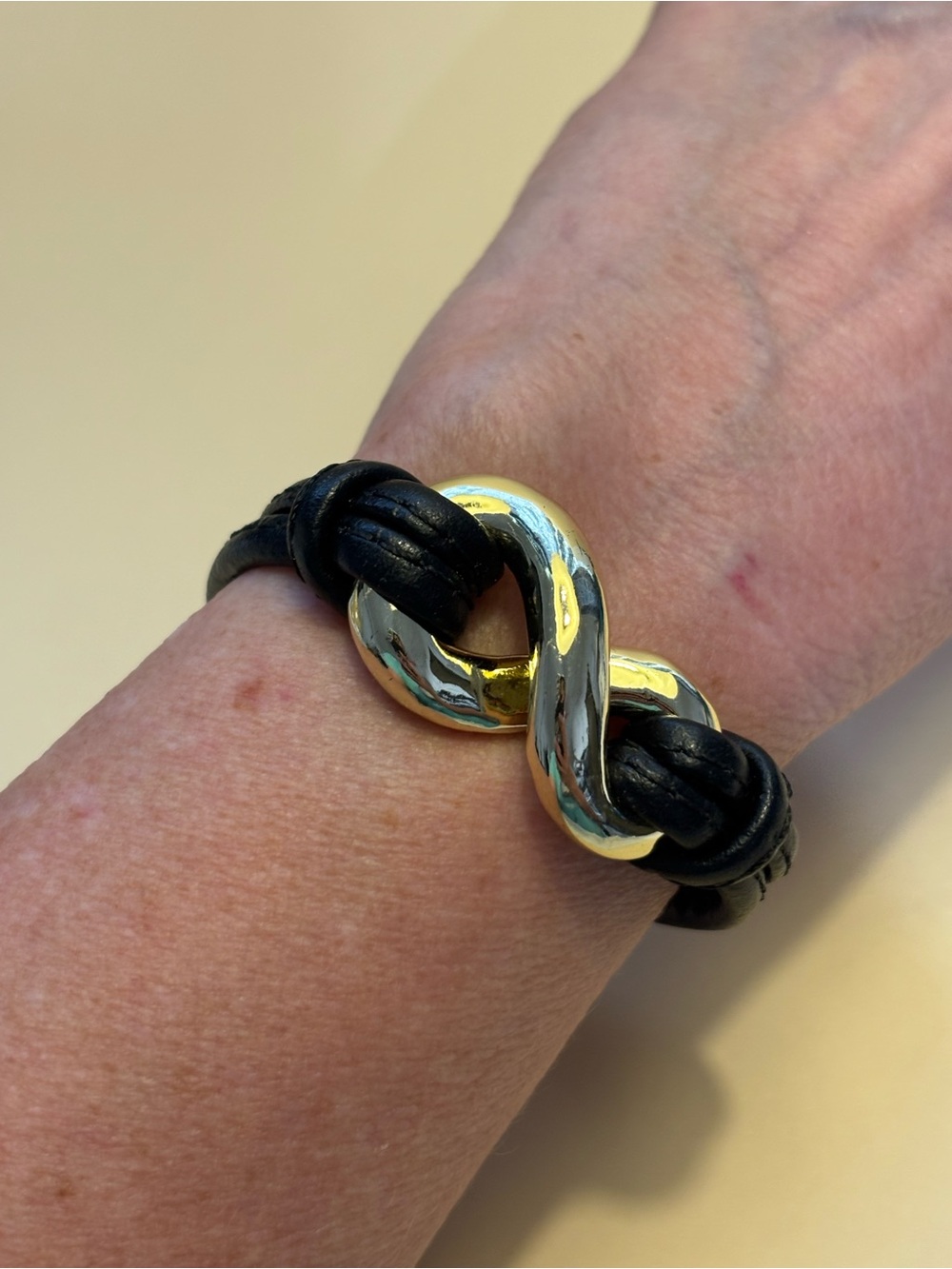 Roberto by RFM Gold Plated Infinity Knot Black Leather Bracelet 7.5”